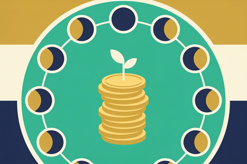 Ilustração minimalista de uma pilha de moedas com um broto, cercada por doze luas em anel como uma roda zodiacal