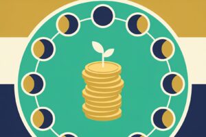Ilustração minimalista de uma pilha de moedas com um broto, cercada por doze luas em anel como uma roda zodiacal
