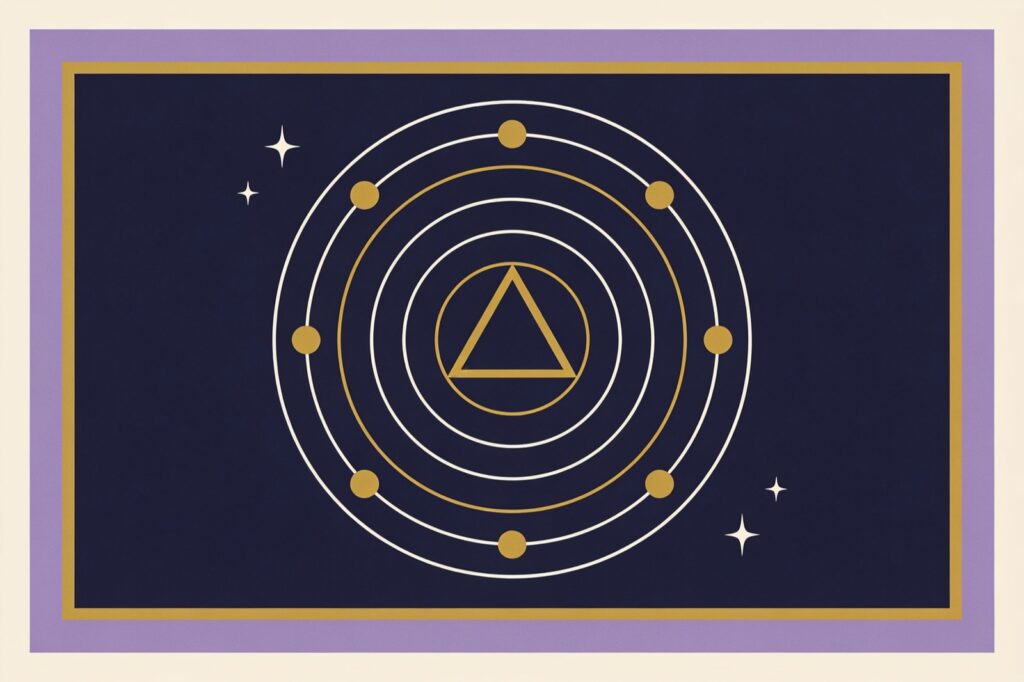 Ilustração minimalista de círculos concêntricos com um triângulo no centro e nove pontos ao redor, sobre fundo índigo