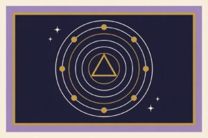 Ilustração minimalista de círculos concêntricos com um triângulo no centro e nove pontos ao redor, sobre fundo índigo