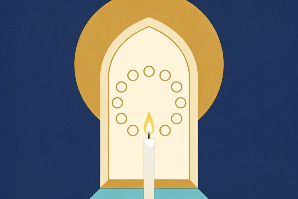 Ilustração minimalista de uma janela em arco com halo dourado, uma vela acesa e doze círculos em anel