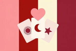 Ilustração minimalista de três cartas de tarô em leque, com sol, lua e estrela, e um coração acima da carta central