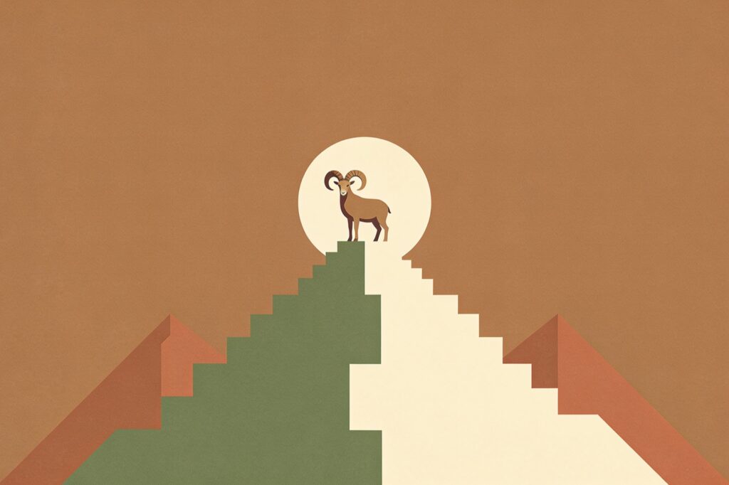 Ilustração minimalista do signo de Capricórnio: cabra de chifres curvos no topo de uma montanha em degraus, diante da lua