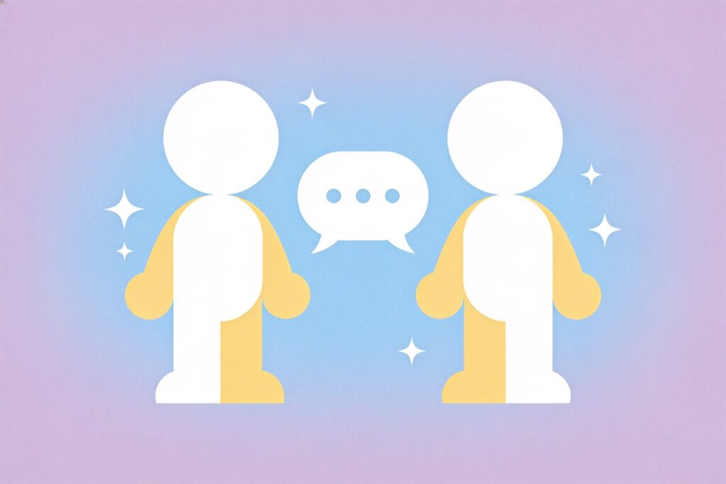 Ilustração minimalista do signo de Gêmeos: duas figuras gêmeas lado a lado com um balão de conversa entre elas