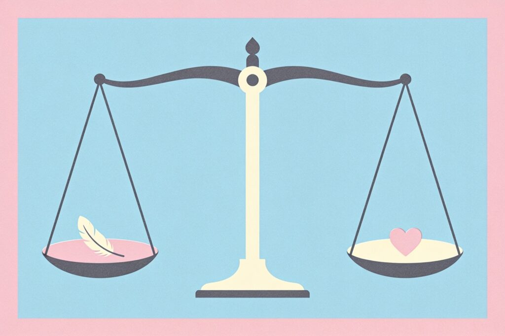 Ilustração minimalista do signo de Libra: balança equilibrada com uma pena num prato e um coração no outro