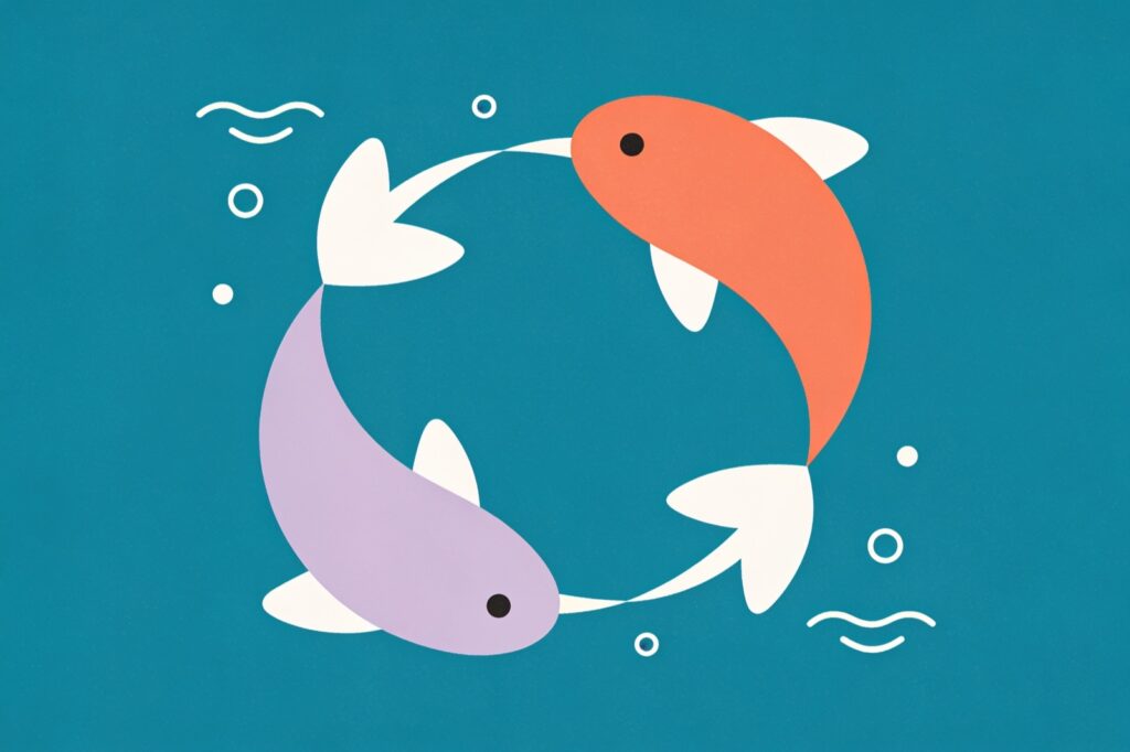 Ilustração minimalista do signo de Peixes: dois peixes nadando em sentidos opostos e formando um círculo