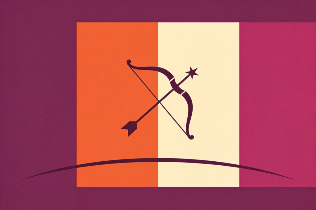 Ilustração minimalista do signo de Sagitário: arco e flecha apontando para cima, com uma estrela na ponta