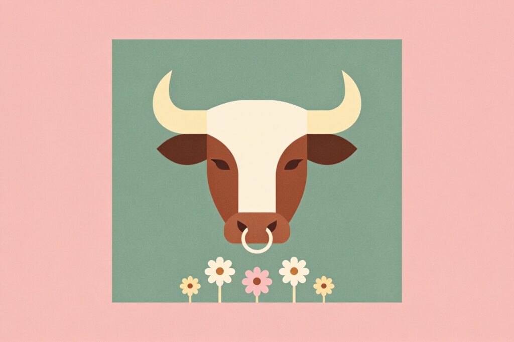 Ilustração minimalista do signo de Touro: cabeça de touro com argola no focinho e flores