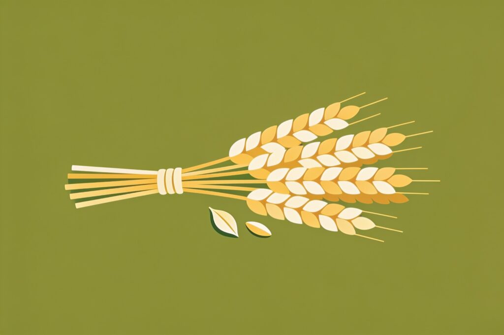 Ilustração minimalista do signo de Virgem: feixe de espigas de trigo amarradas sobre fundo verde-oliva