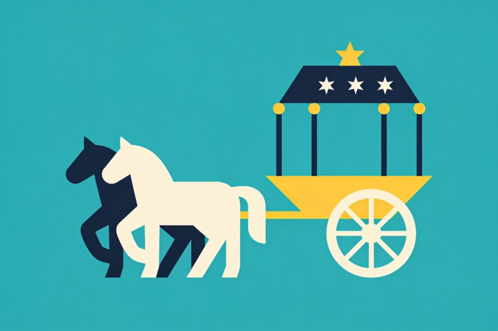 Ilustração minimalista da carta O Carro: carruagem com dossel de estrelas puxada por dois cavalos, um claro e um escuro