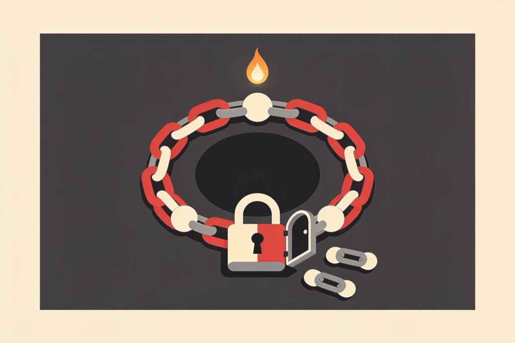 Ilustração minimalista da carta O Diabo: corrente presa a um círculo escuro, cadeado aberto e uma pequena chama