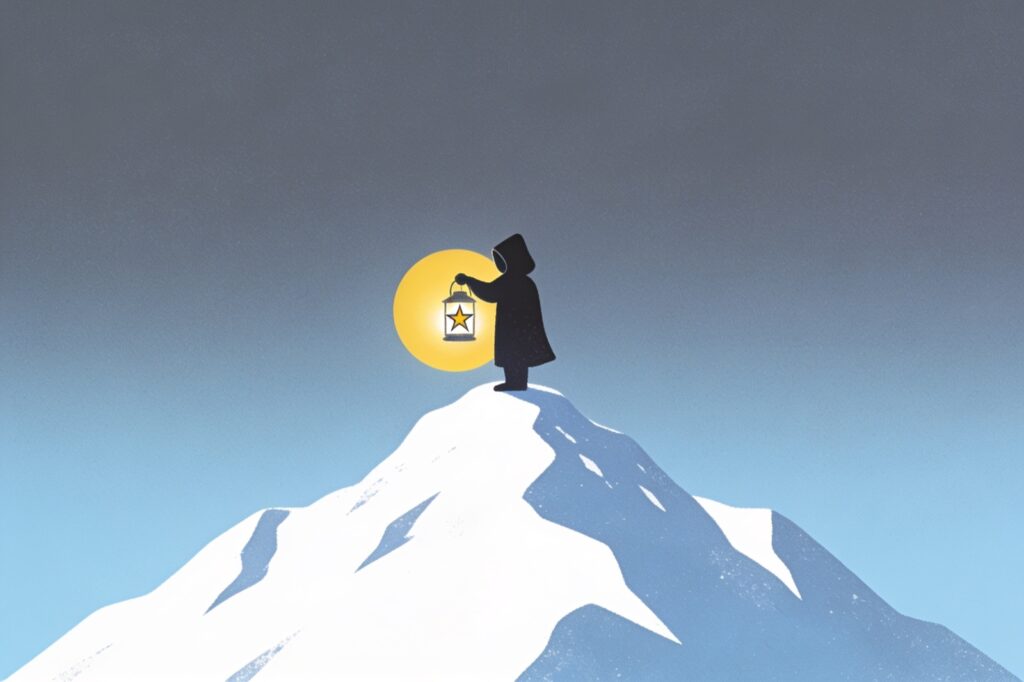 Ilustração minimalista da carta O Eremita: figura encapuzada no topo de uma montanha nevada segurando uma lanterna