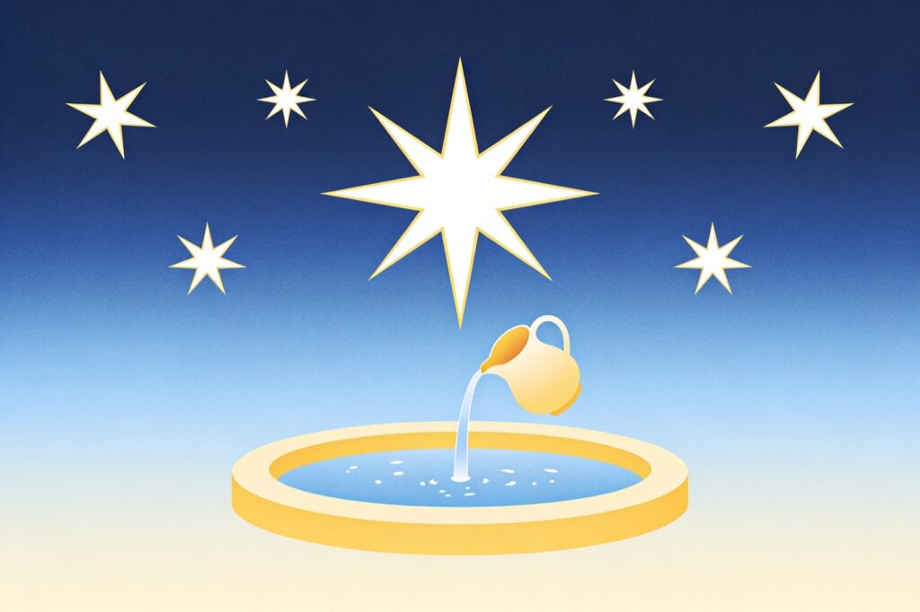 Ilustração minimalista da carta A Estrela: estrela grande de oito pontas sobre uma jarra que despeja água num lago