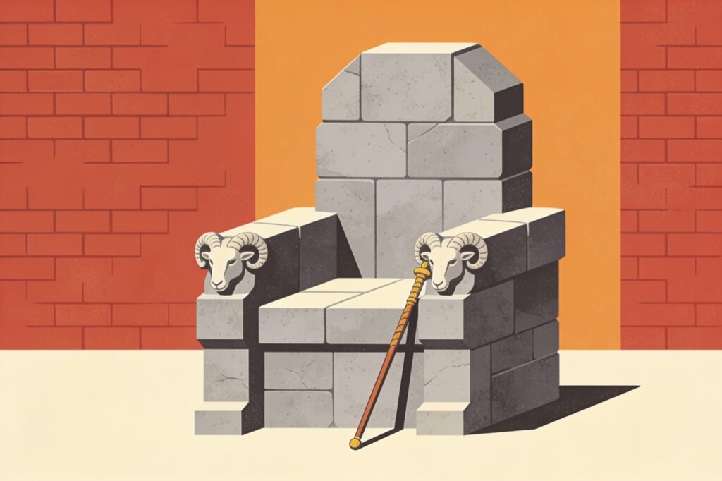 Ilustração minimalista da carta O Imperador: trono de pedra com cabeças de carneiro nos braços e um cetro