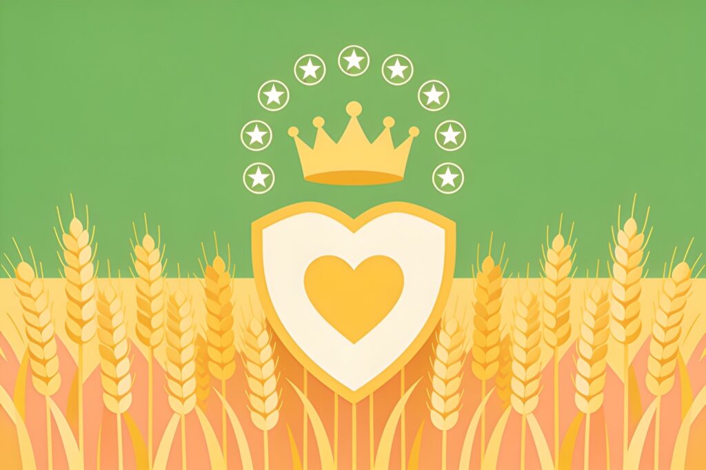 Ilustração minimalista da carta A Imperatriz: escudo em forma de coração num campo de trigo, sob uma coroa de doze estrelas