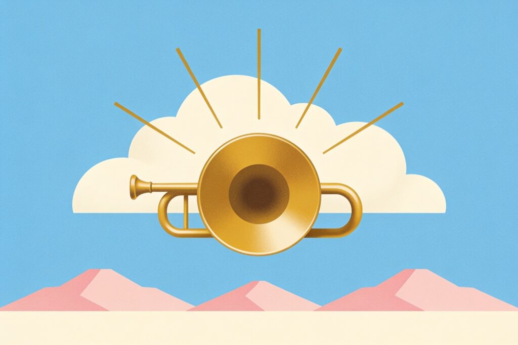 Ilustração minimalista da carta O Julgamento: trombeta dourada com raios de som sobre uma nuvem