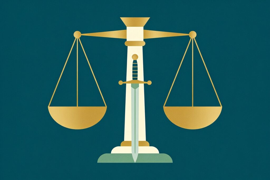 Ilustração minimalista da carta A Justiça: balança equilibrada e uma espada em pé