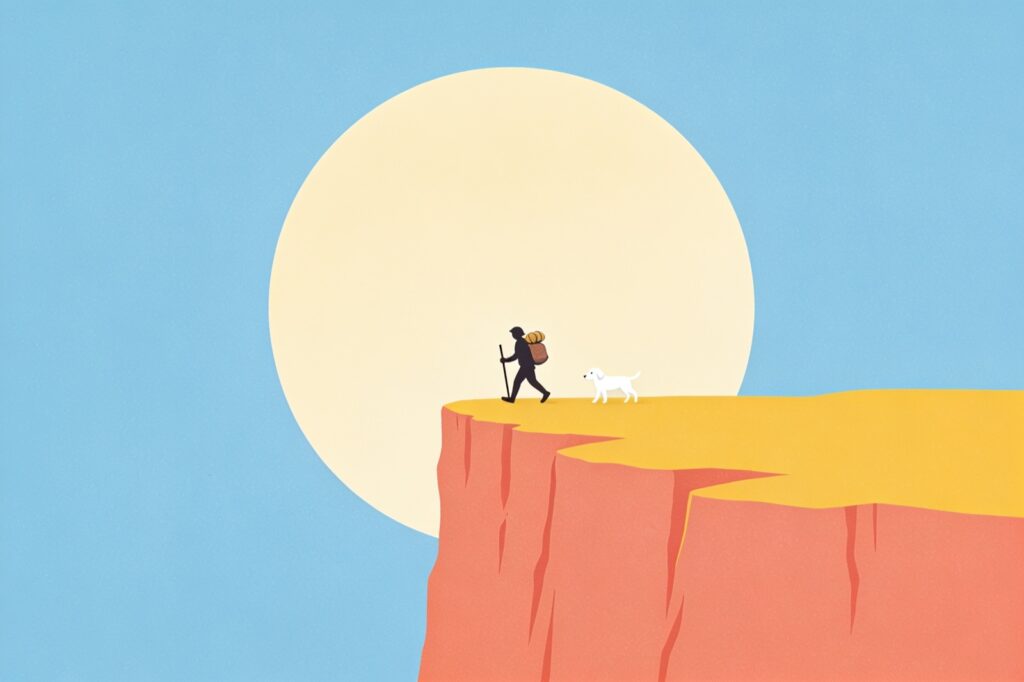Ilustração minimalista da carta O Louco: viajante com trouxa e um cachorro à beira de um penhasco, diante de um grande sol