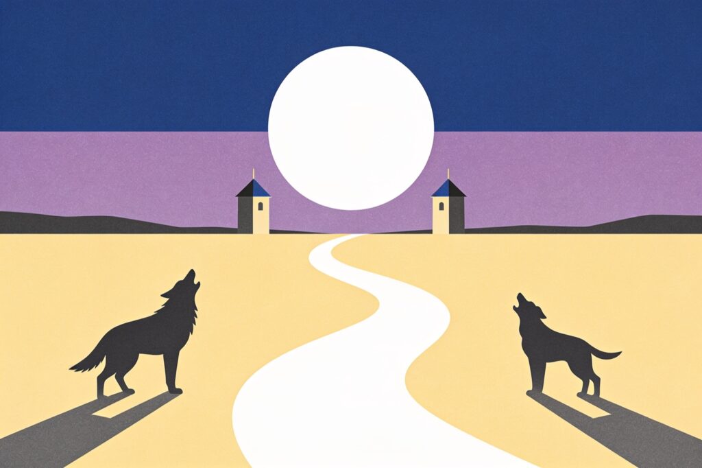 Ilustração minimalista da carta A Lua: lua cheia entre duas torres, um caminho sinuoso e dois lobos uivando