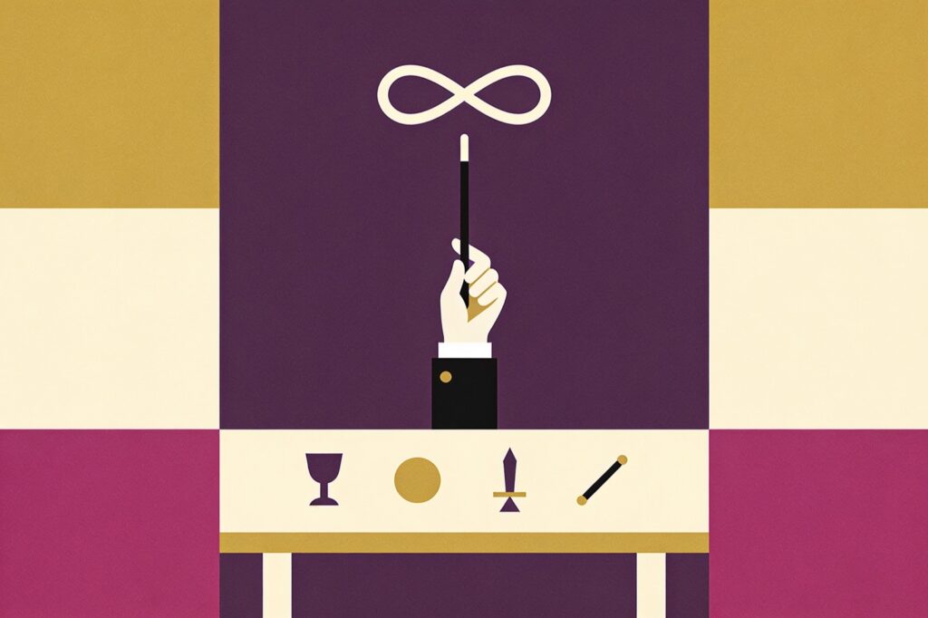 Ilustração minimalista da carta O Mago: varinha erguida sob o símbolo do infinito e mesa com taça, moeda, espada e bastão