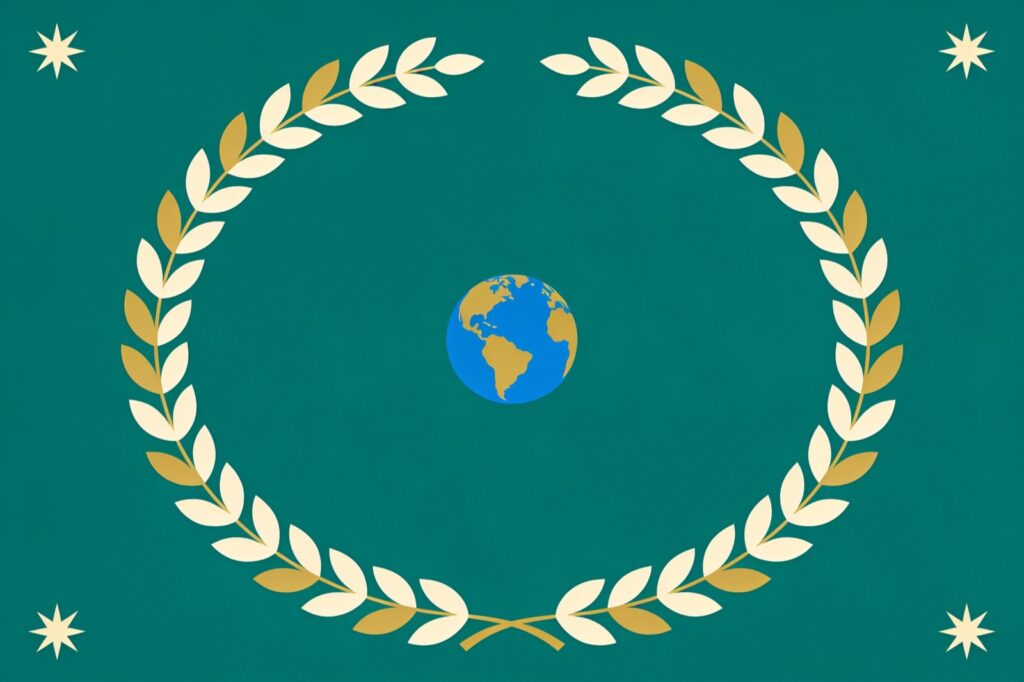 Ilustração minimalista da carta O Mundo: coroa de louros em torno de um planeta azul, com estrelas nos cantos