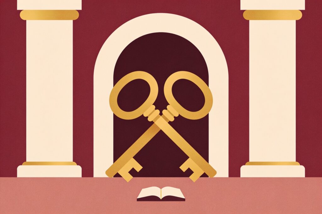 Ilustração minimalista da carta O Papa: duas chaves cruzadas diante de um arco entre duas colunas
