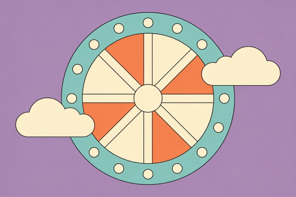 Ilustração minimalista da carta A Roda da Fortuna: roda de oito raios cercada por nuvens