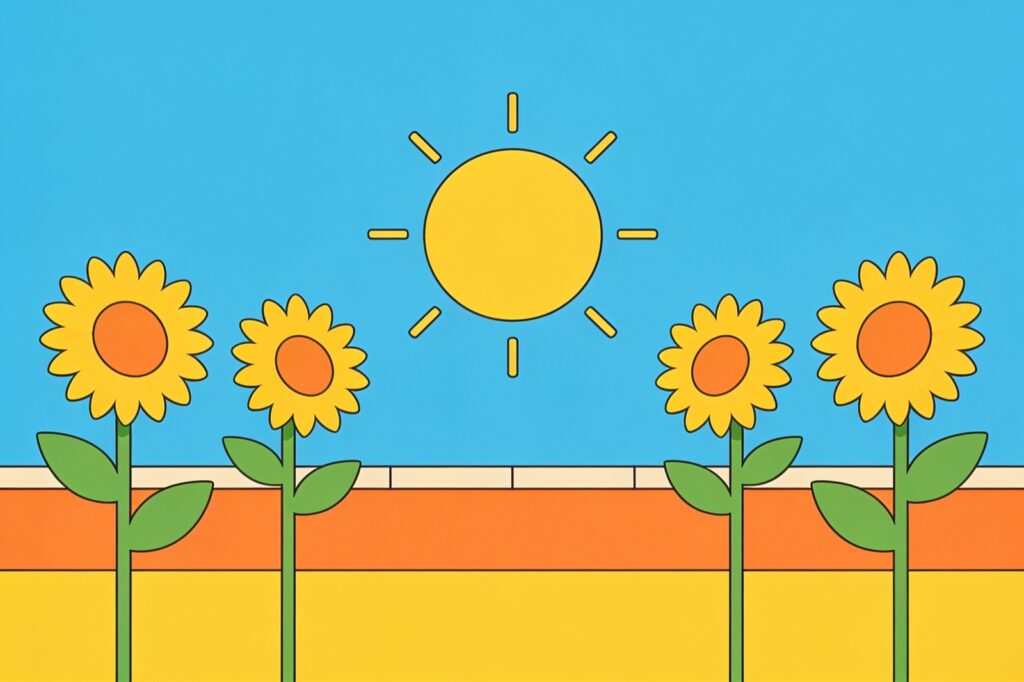 Ilustração minimalista da carta O Sol: sol grande sobre um muro com girassóis