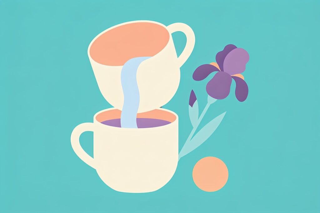 Ilustração minimalista da carta A Temperança: água passando de uma taça para outra, com uma íris e um sol