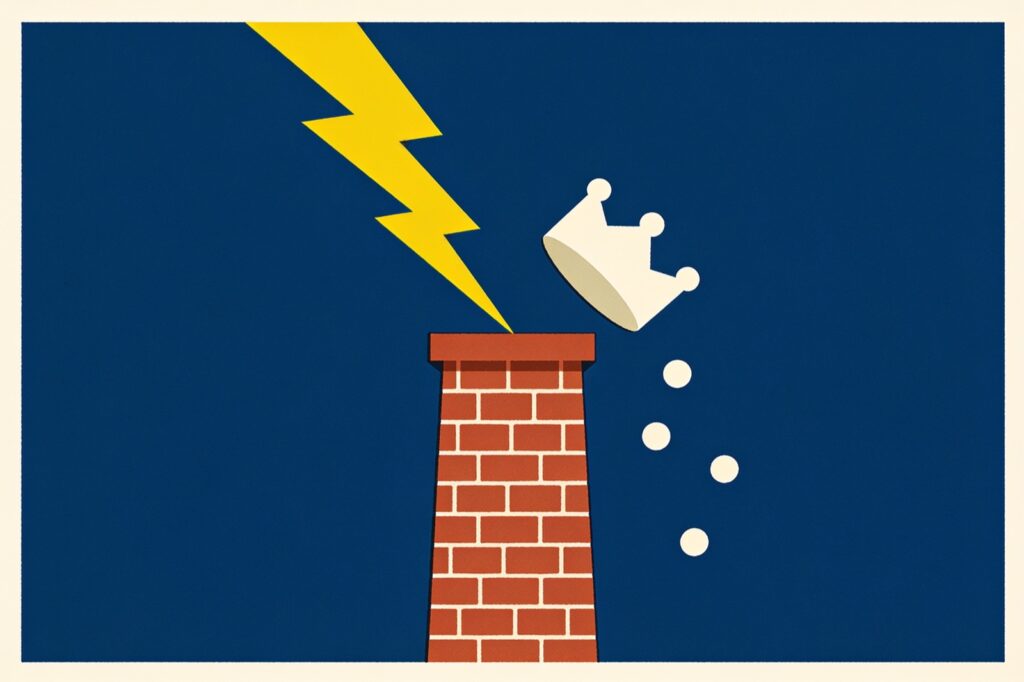 Ilustração minimalista da carta A Torre: raio atingindo uma torre de tijolos e derrubando a coroa