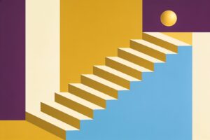 Escadaria de degraus em direção a um sol dourado, ilustração flat