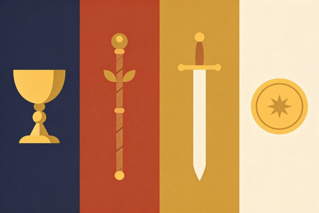 Ilustração flat de um cálice, uma vara, uma espada e uma moeda, os quatro naipes do tarô