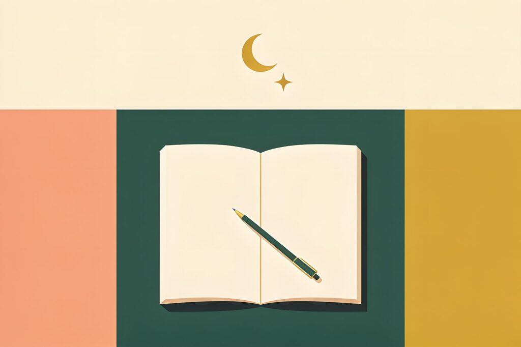 Caderno aberto com uma caneta e uma lua crescente, ilustração flat
