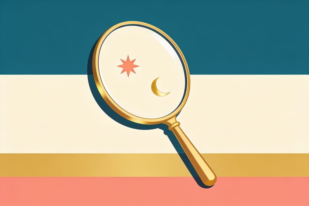 Lupa dourada sobre uma estrela e uma lua, em ilustração flat minimalista