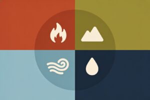 Símbolos de fogo, terra, ar e água em quatro quadrantes, ilustração flat