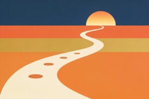 Ilustração flat de um caminho sinuoso em direção ao sol nascente