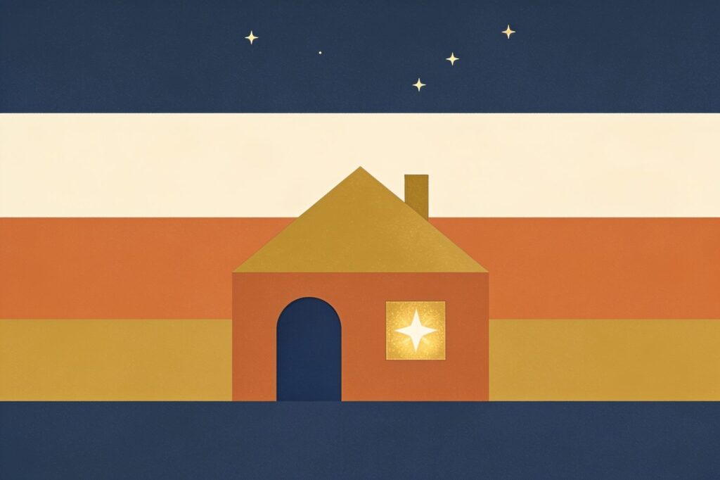 Casa simples com porta em arco e janela com uma estrela, em ilustração flat
