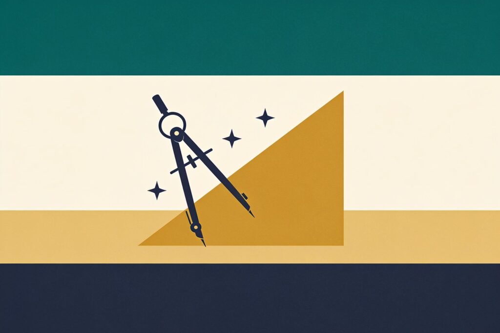 Compasso aberto sobre um triângulo retângulo, ilustração flat