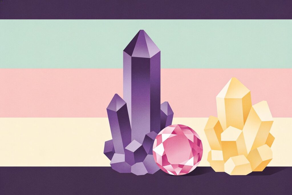 Cristais de ametista, quartzo rosa e citrino em ilustração flat