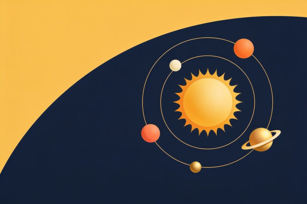 Sol cercado por órbitas e planetas, ilustração flat