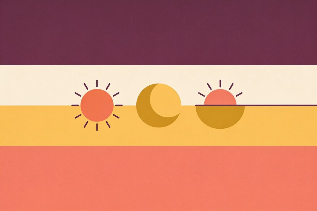 Sol, lua crescente e meio sol no horizonte, ilustração flat