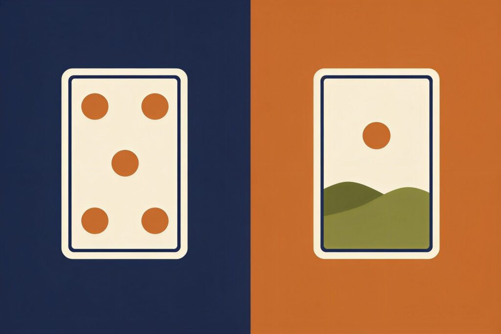 Duas cartas de tarô lado a lado, uma com círculos e outra com uma paisagem